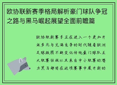 欧协联新赛季格局解析豪门球队争冠之路与黑马崛起展望全面前瞻篇